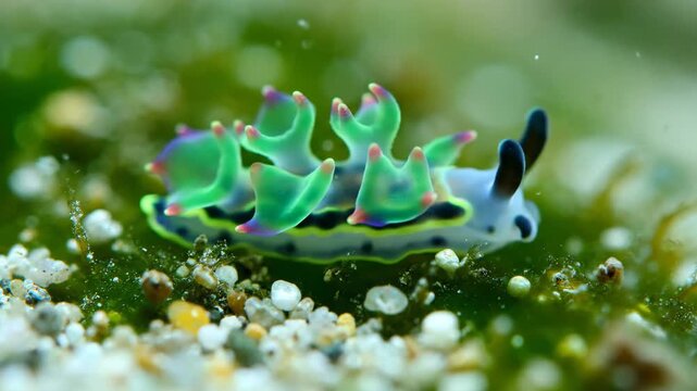 Vibrant Leaf Sheep Nudibranch crawling on a mossy seabed with green cerata and pink tips perfect for marine biology education and nature documentaries.