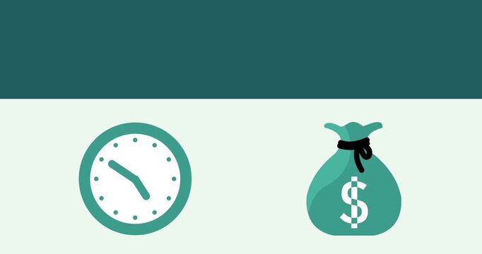 Animated footage of a clock and a bag of dollar bills with the title time is money. suitable for business content and timely work implementation within a company