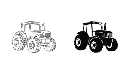 Modern farm tractor silhouette and line art icon set for agricultural branding and machinery equipment identification © Lucid
