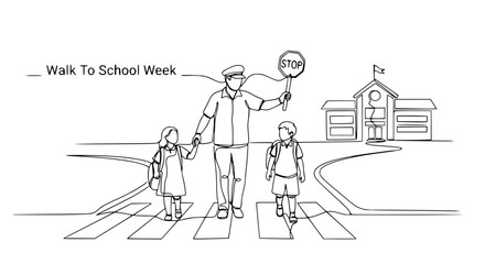 Obraz premium Walk To School Week: Crossing Guard Helps Children Safely Cross Street Near School