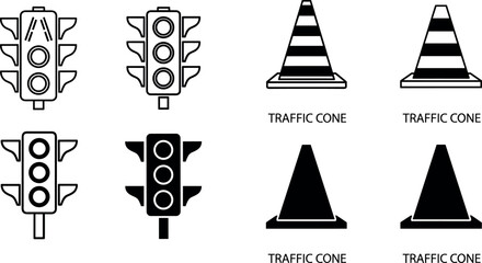 Traffic Light and Traffic Cone Vector Set Featuring Black and White Illustrations for Road Safety, Construction, and Traffic Management. © Shuvo