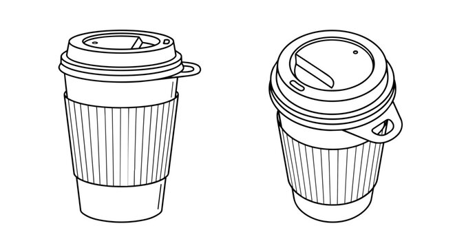 Hand drawn vector line art of two takeaway paper coffee cups from different angles with corrugated sleeves, lids, and stoppers.