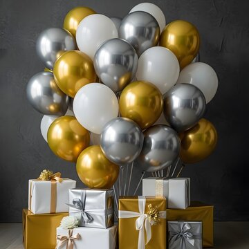 Festive happy birthday celebration gold silver and white balloons with gift boxes