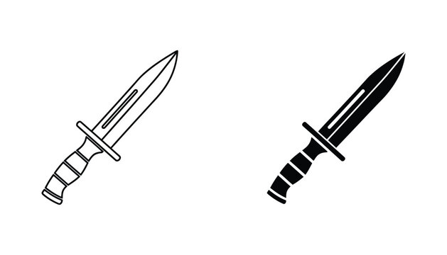 Tactical combat knife icon in minimalist line art and solid black silhouette style for military gaming and survival gear branding