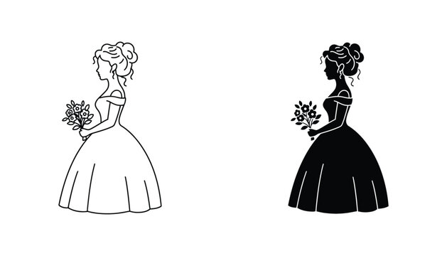 Elegant bride in ball gown holding floral bouquet silhouette in minimalist line art and solid black for wedding fashion branding and event design