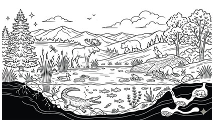 Obraz premium Wildlife ecosystem diagram showing animals above and below water level line art drawing.