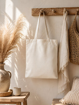 Minimalist boho canvas tote bag mockup hanging on rustic wooden wall hooks in a warm neutral interior setting. Stylish eco-friendly blank tote bag with natural sunlight, pampas grass, abread and wheat