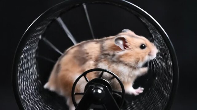 Energetic Hamster Running on a Black Metal Exercise Wheel against a Dark Background for Pet Care and Work Metaphor.