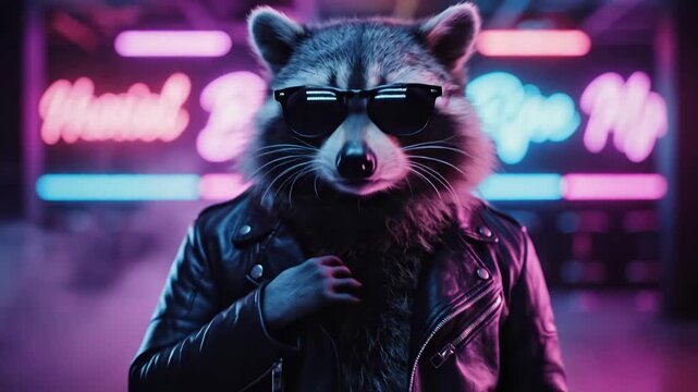 Neon Club Raccoon In Leather Jacket, Smoky Stage Entrance, Walking With Confident Stride Under Pink And Blue Signs, Retro Synthwave Vibe, Moody Lighting, Closeup On Masked Face And Sunglasses.