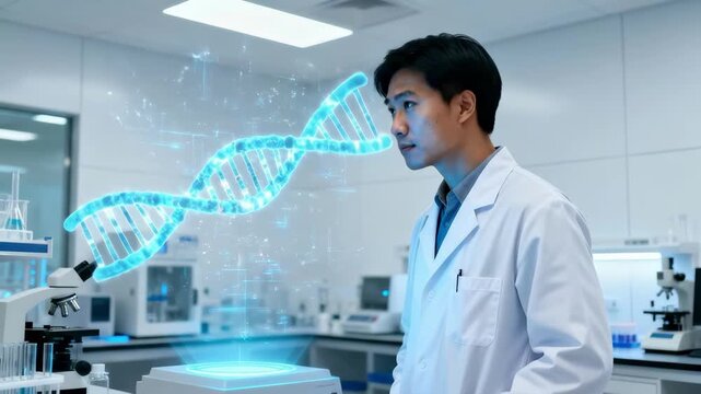 Laboratory Scientist From Asia Evaluates Glowing Blue DNA Hologram Carefully. Research Specialist Of Asian Origin Scrutinizes Vivid Blue DNA Hologram Displayed In Sterile Laboratory Surroundings.