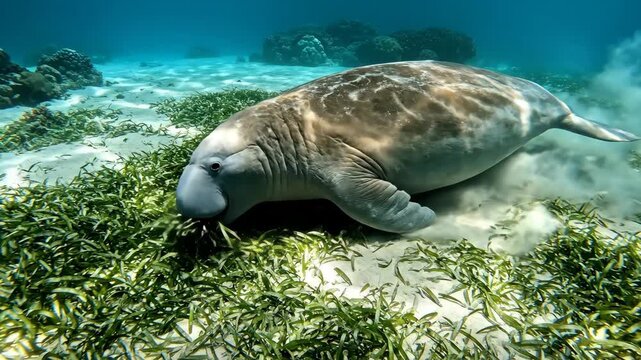 Majestic Dugong Grazing on Lush Seagrass in Crystal Clear Tropical Waters for Nature Documentaries and Marine Conservation.
