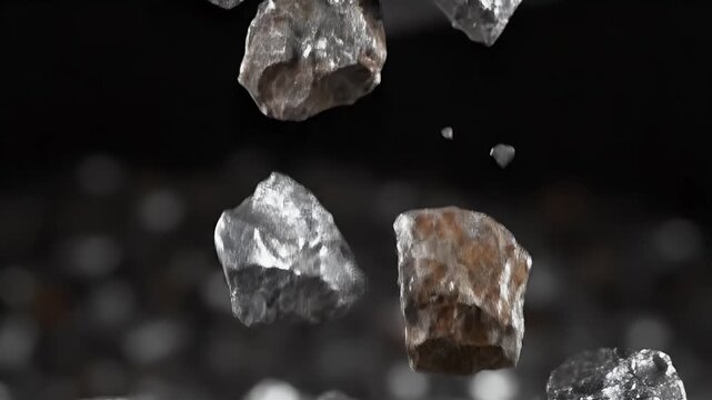 Silver and Bronze Ore Pieces Levitating on Dark Reflective Background for Material Science and Industrial Applications