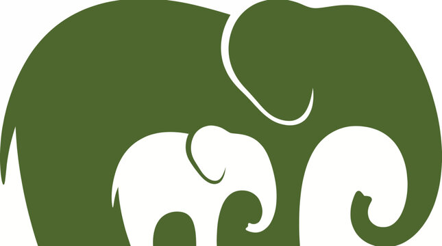This artwork features the silhouettes of a mother and child elephant intertwined, emphasizing love and connection through a minimalist design and green color tone.