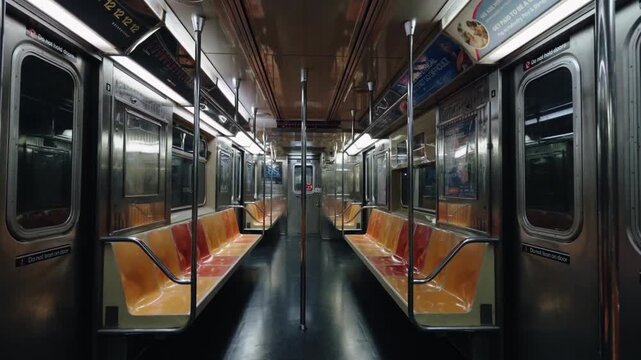 Empty subway train interior, 3d animation, 3d video, abstract, loop, empty seats, public transportation, urban commute, city life, modern interior design, travel concept