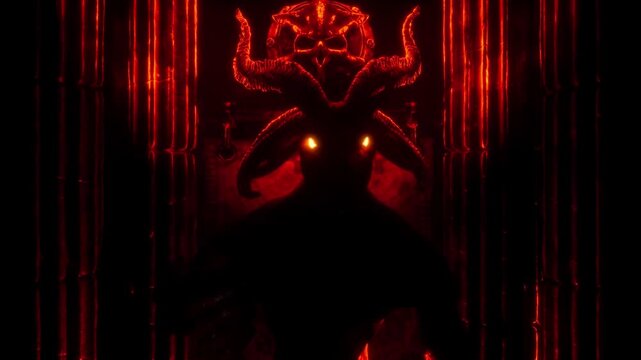 The Enigmatic Gaze of a Demonic Entity, 3d animation, 3d video, Abstract, loop, illuminated by a crimson glow within a dark, imposing chamber