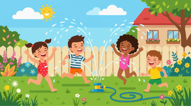 Joyful children revel in the playful relief of a sprinkler on a bright, sunny day, in a vibrant suburban backyard scene.