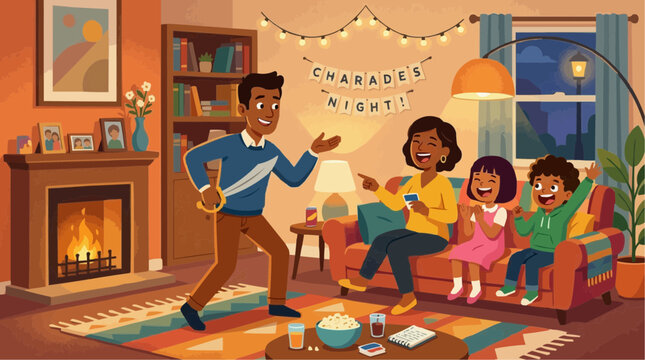 A warm and cozy illustration of a family enjoying charades game in their living room. Capturing a heartwarming scene of a family night.