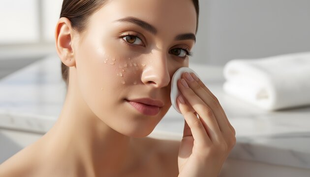 Young woman cleaning face with micellar water in a bright bathroom for daily skincare routine and beauty treatment concept, emphasizing natural hydration for women