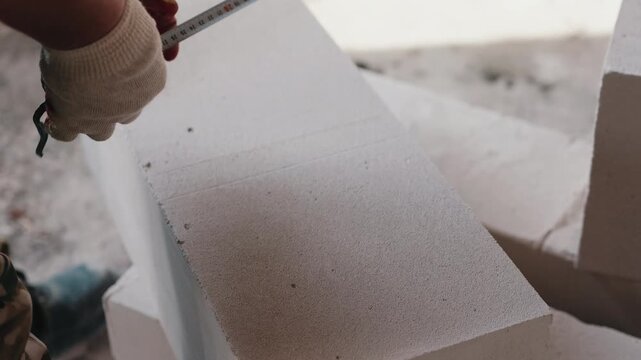 Measuring aerated concrete block with tape measure during construction close up