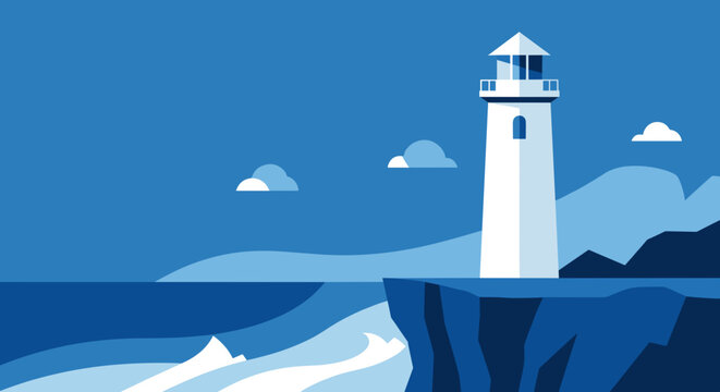 Lighthouse on rocky cliff coast.