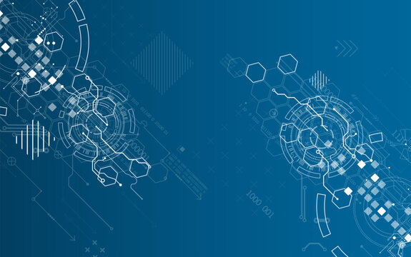 Technological background with various white elements in a drawing style on a blue background.