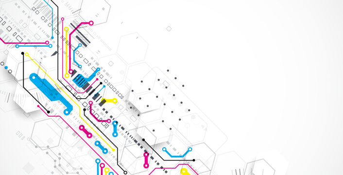 Abstract technological background with various elements. CMYK concept. Vector