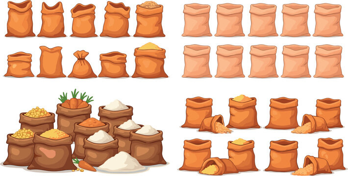 Flour sacks and grain bags set vector illustration collection wheat rice corn ingredients in burlap bags isolated food design pack