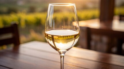 Naklejka premium Glass of chardonnay wine backlit on wooden table in vineyard 