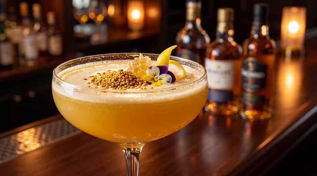 Cocktail with bee pollen and garnish in elegant bar setting  