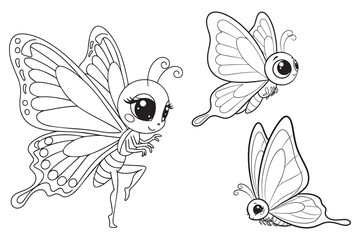 Fototapeta premium Beautiful butterflies with patterned wings in cartoon style. Simple insect outline drawing for children coloring book.