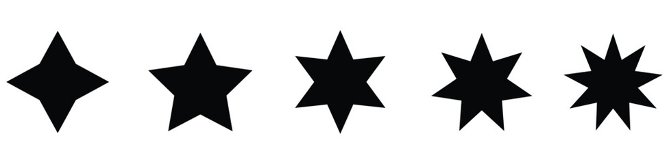 Fototapeta premium Collection of various black star shapes on isolated white background for design and decoration purposes