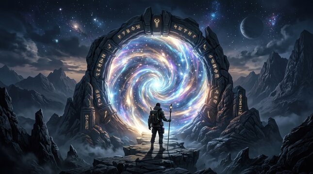 A lone traveler stands before a massive, ornate stone portal, bathed in the swirling colors of a galactic vortex. The portal is set within a dramatic mountain 