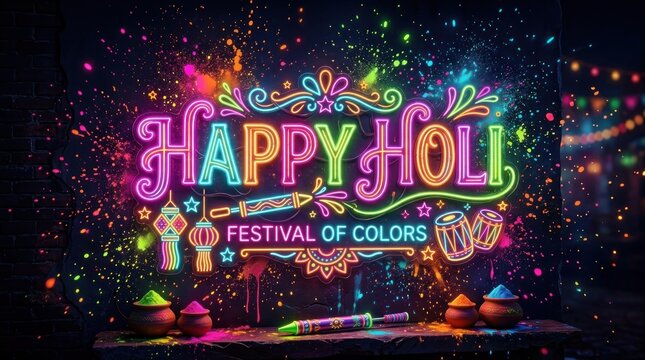 A vibrant digital illustration celebrates the joyous festival of Holi, the Festival of Colors. A glowing neon sign boldly proclaims "Happy Holi - Festival 