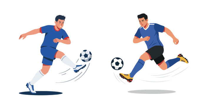 A dynamic vector illustration of an active boy athlete kicking a soccer ball toward the goal during a competitive football game action