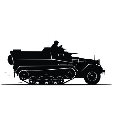 Military half track armored vehicle vector silhouette illustration isolated white background.