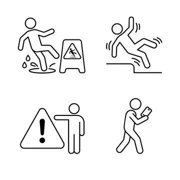 Minimalist line art stick figure icon set: safety hazards, slipping on wet floor, falling from step, warning sign, and distracted walking with phone.