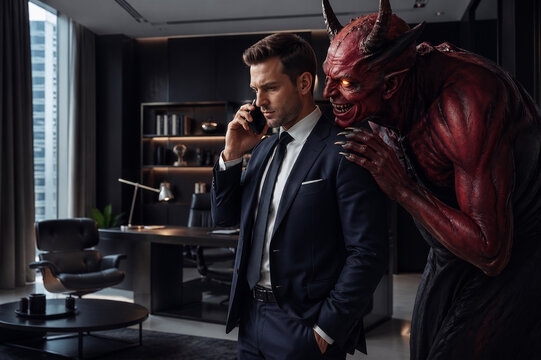 A businessman in a suit. A sinister devil leans in close, whispering a deceitful plan into his ear, tempting him with unethical schemes like fraud, insider trading, and tax evasion. Generative AI