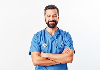 Obraz premium Smiling male doctor in blue scrubs with arms crossed