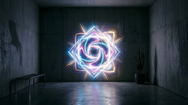 Abstract Glowing Portal Light Art Installation on Concrete Wall, Modern Interior Design Featuring Neon Geometric Light Vortex in Dark Industrial Brutalist Space