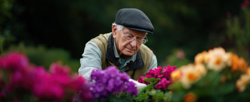 Elderly man lovingly nurtures vibrant flowers radiating joy and serenity in his garden.