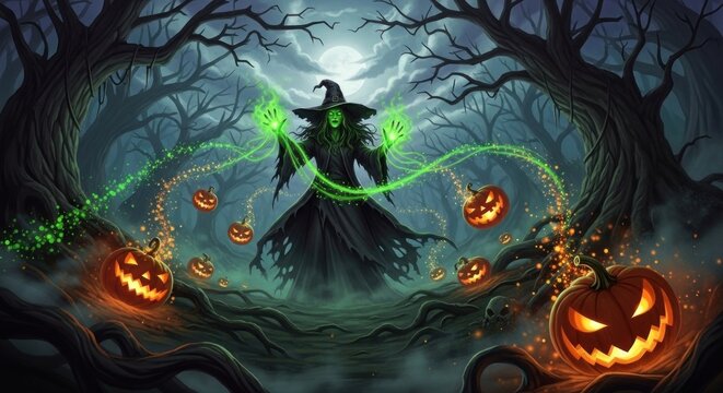A menacing green witch casts a spell in a dark, spooky forest. She wears a black robe and a tall hat, and her hands glow with green energy as 