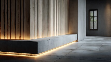 Obraz premium Minimalist architectural interior design featuring vertical wooden slats and a floating concrete bench with warm LED accent lighting in a spacious contemporary room with stone floor