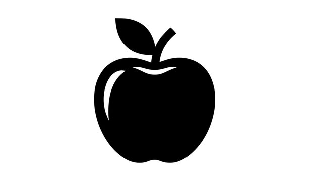 Solid black silhouette vector icon of a single apple with stem and leaf isolated on white background for food apps and commercial branding logos