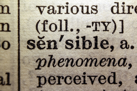 Word sensible on dictionary page, macro close up