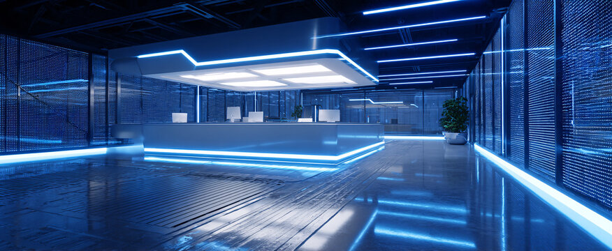 Futuristic office space features blue LED lighting sleek technology and textured glass walls.