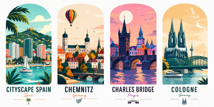 European Cityscapes Vector Set: Spain, Chemnitz, Prague Charles Bridge, and Cologne Vector Illustration