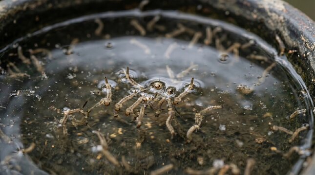 Mosquito larvae in stagnant water close-up, dengue prevention concept