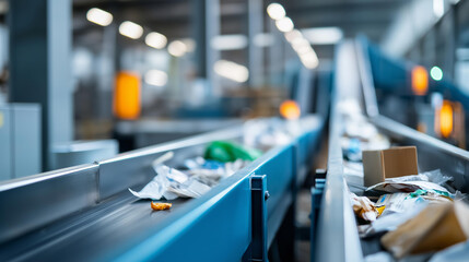 Obraz premium Waste sorting facility separating various types of refuse for recycling with conveyors carrying debris in a clean industrial processing environment. Defocused background. Waste