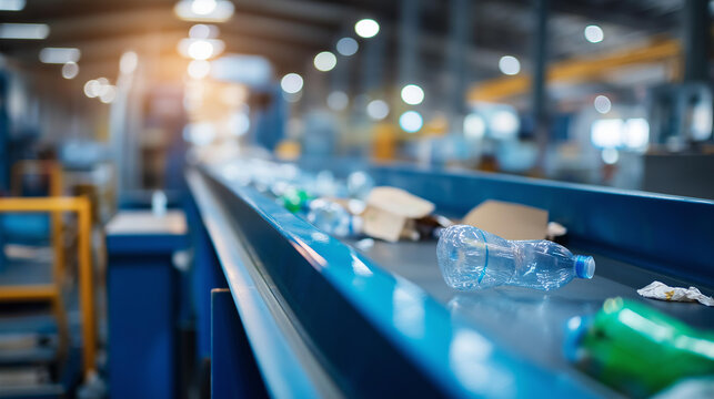 Waste sorting facility separating various types of refuse for recycling with conveyors carrying debris in a clean industrial processing environment. Defocused background. Waste