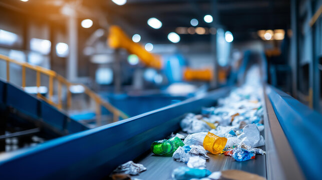 Waste sorting facility separating various types of refuse for recycling with conveyors carrying debris in a clean industrial processing environment. Defocused background. Waste
